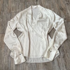 Elie Tahari Vintage Satin Cream White Blouse Zip Up Cuff Y2K Work Attire Medium